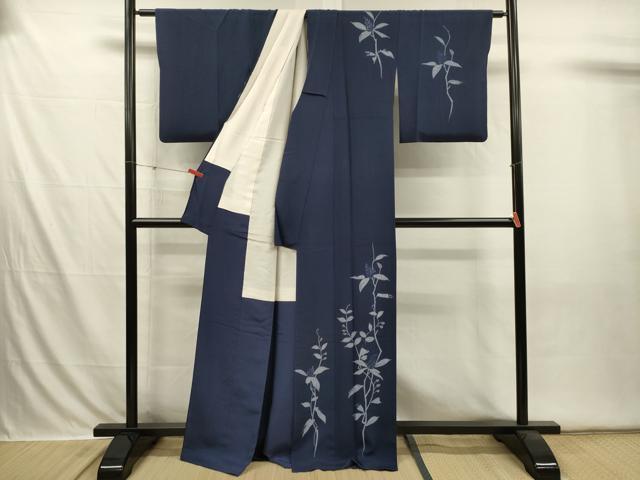 平和屋着物■訪問着　藍　草花文　正絹　逸品　DABI3589ya