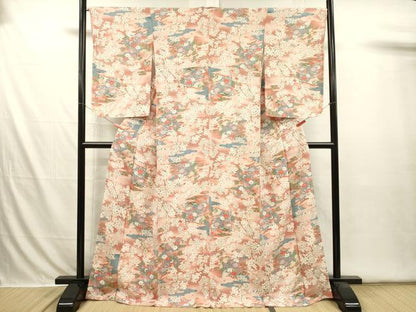 平和屋着物■上質な小紋　流水草花文　枝梅　鬼しぼ縮緬　正絹　逸品　DABI3613ya