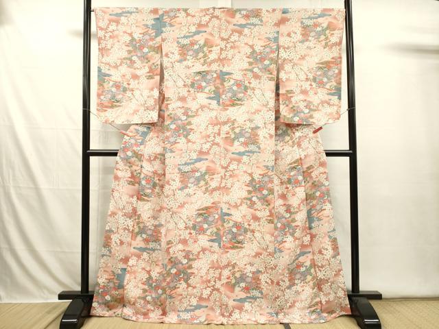 平和屋着物■上質な小紋　流水草花文　枝梅　鬼しぼ縮緬　正絹　逸品　DABI3613ya