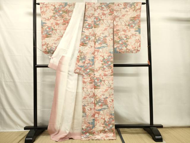 平和屋着物■上質な小紋　流水草花文　枝梅　鬼しぼ縮緬　正絹　逸品　DABI3613ya