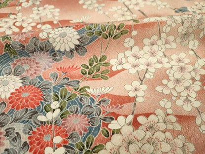 平和屋着物■上質な小紋　流水草花文　枝梅　鬼しぼ縮緬　正絹　逸品　DABI3613ya