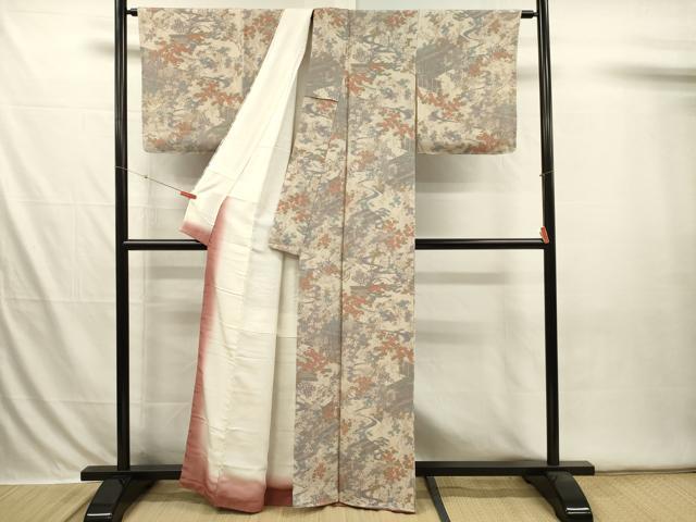 平和屋着物■上質な小紋　流水風景花松文　鬼しぼ縮緬　正絹　逸品　DABI3616ya