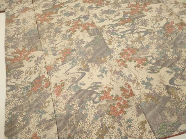 平和屋着物■上質な小紋　流水風景花松文　鬼しぼ縮緬　正絹　逸品　DABI3616ya