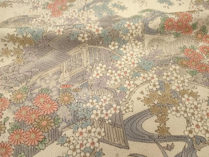 平和屋着物■上質な小紋　流水風景花松文　鬼しぼ縮緬　正絹　逸品　DABI3616ya