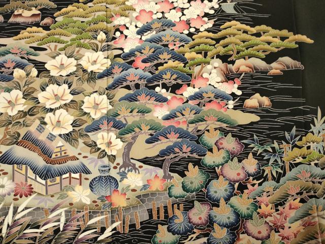 平和屋着物■豪華黒留袖　友禅　作家物　風景花文　松竹梅　正絹　逸品　DABI3623ya