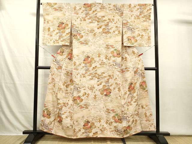平和屋着物■上質な小紋　渡橋風景花松文　金彩　正絹　逸品　DABI3639ya