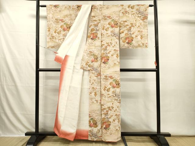 平和屋着物■上質な小紋　渡橋風景花松文　金彩　正絹　逸品　DABI3639ya