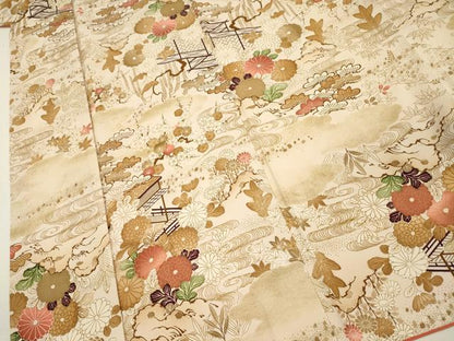 平和屋着物■上質な小紋　渡橋風景花松文　金彩　正絹　逸品　DABI3639ya