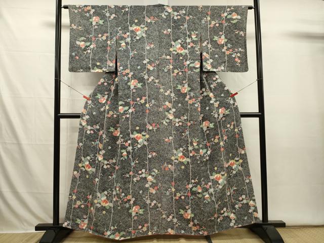 平和屋着物■上質な小紋　枝椿文　たたき染め　黒地　金彩　正絹　逸品　DABI3650ya