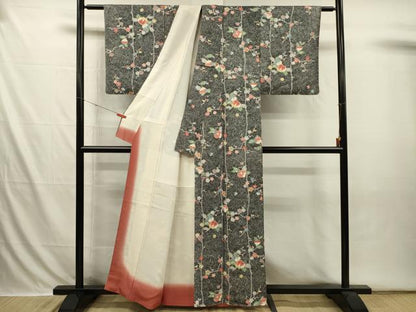 平和屋着物■上質な小紋　枝椿文　たたき染め　黒地　金彩　正絹　逸品　DABI3650ya