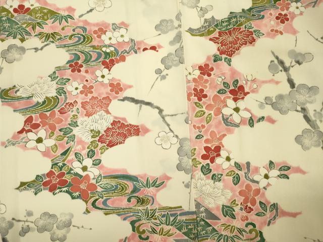 平和屋着物■上質な小紋　手描き　流水草花文　枝梅　金銀彩　正絹　逸品　未使用　DABI3651ya