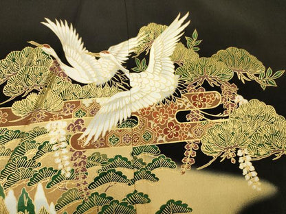平和屋着物■豪華黒留袖　エ霞飛鶴花松文　暈し染め　金彩　正絹　逸品　DABI3672ya