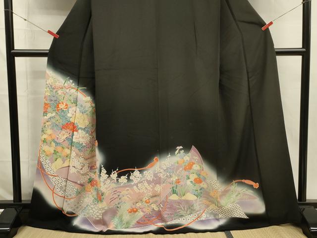 平和屋着物■豪華黒留袖　駒刺繍　草花文　牡丹　暈し染め　正絹　逸品　DABI3673ya