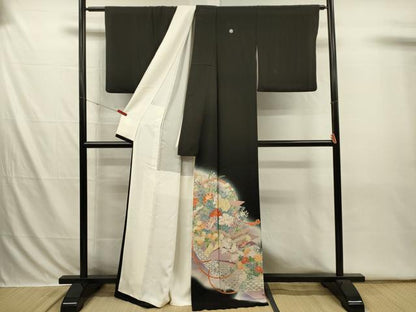 平和屋着物■豪華黒留袖　駒刺繍　草花文　牡丹　暈し染め　正絹　逸品　DABI3673ya