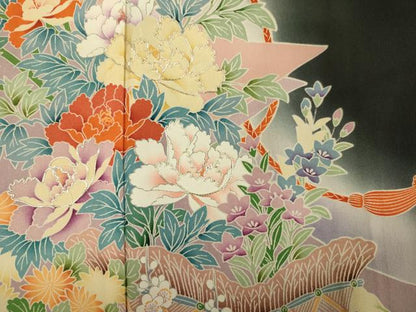 平和屋着物■豪華黒留袖　駒刺繍　草花文　牡丹　暈し染め　正絹　逸品　DABI3673ya