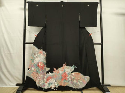 平和屋着物■豪華黒留袖　花鳥文　乱菊　牡丹　暈し染め　正絹　逸品　DABI3690ya