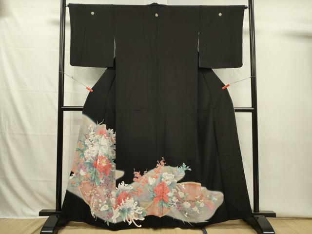 平和屋着物■豪華黒留袖　花鳥文　乱菊　牡丹　暈し染め　正絹　逸品　DABI3690ya