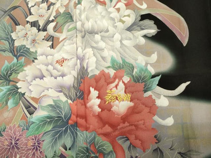 平和屋着物■豪華黒留袖　花鳥文　乱菊　牡丹　暈し染め　正絹　逸品　DABI3690ya