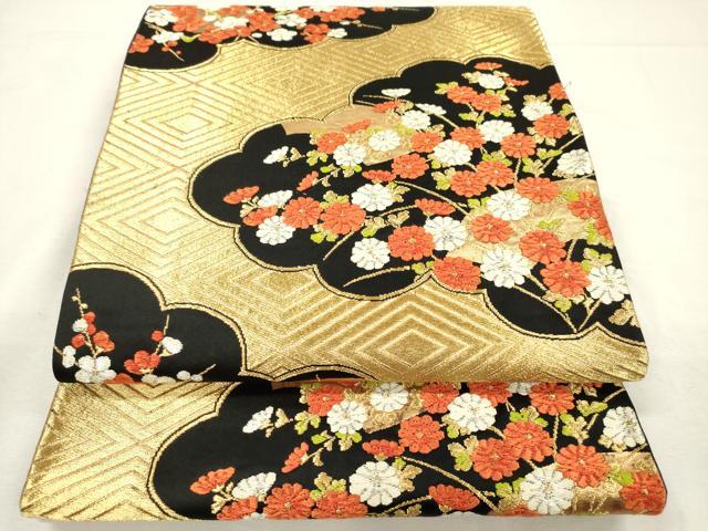 平和屋着物◎六通柄袋帯　唐織　雲取り花文　黒地　金銀糸　正絹　逸品　DABI3715ya