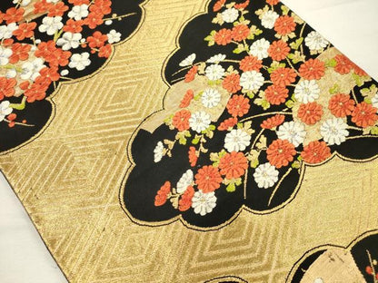 平和屋着物◎六通柄袋帯　唐織　雲取り花文　黒地　金銀糸　正絹　逸品　DABI3715ya