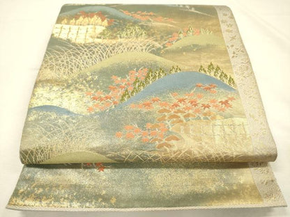 平和屋着物◎西陣　服部織物謹製　六通柄袋帯　風景文　金糸　正絹　逸品　DABI3726ya