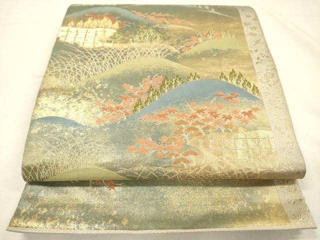 平和屋着物◎西陣　服部織物謹製　六通柄袋帯　風景文　金糸　正絹　逸品　DABI3726ya