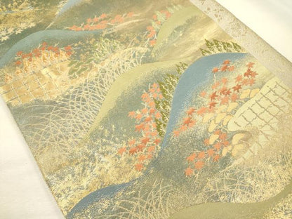 平和屋着物◎西陣　服部織物謹製　六通柄袋帯　風景文　金糸　正絹　逸品　DABI3726ya
