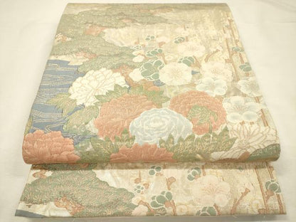 平和屋着物◎太鼓柄袋帯　花鳥文　金糸　引箔　正絹　逸品　DABI3729ya