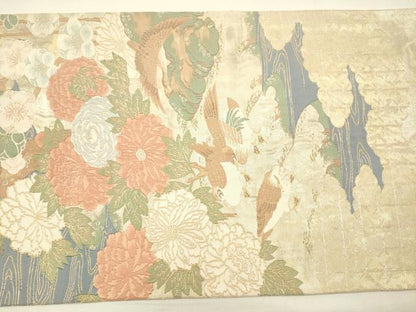 平和屋着物◎太鼓柄袋帯　花鳥文　金糸　引箔　正絹　逸品　DABI3729ya