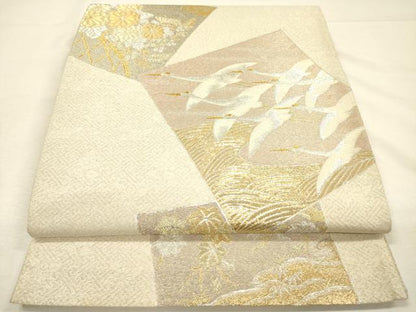 平和屋着物◎六通柄袋帯　色紙重ね飛鶴花文　金銀糸　正絹　逸品　DABI3731ya