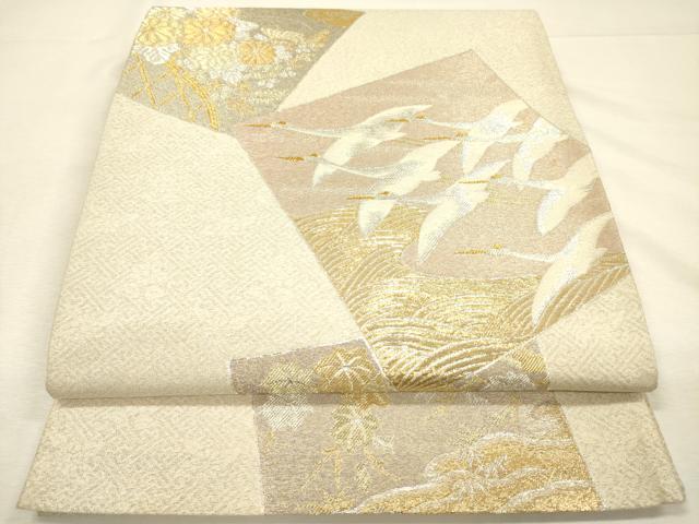 平和屋着物◎六通柄袋帯　色紙重ね飛鶴花文　金銀糸　正絹　逸品　DABI3731ya