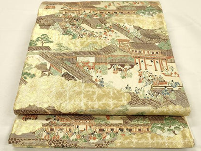 平和屋着物◎六通柄袋帯 風景人物文 金糸 正絹 逸品 DABI3732ya