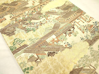 平和屋着物◎六通柄袋帯 風景人物文 金糸 正絹 逸品 DABI3732ya