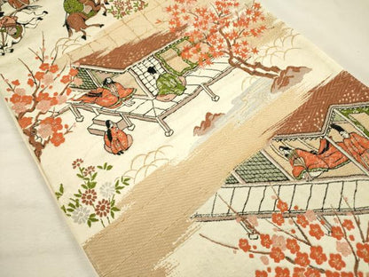 平和屋着物◎六通柄袋帯　人物風景文　金糸　正絹　逸品　DABI3733ya