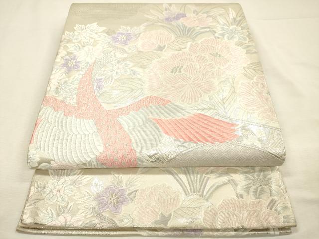 平和屋着物◎六通柄袋帯　唐織　孔雀花文　銀糸　正絹　逸品　DABI3736ya