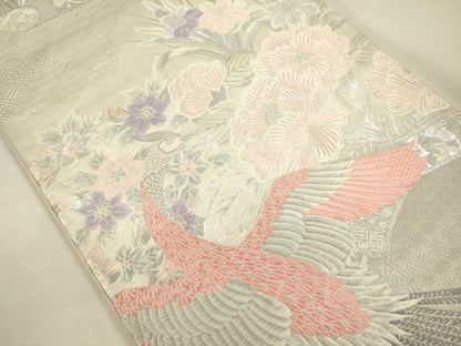 平和屋着物◎六通柄袋帯　唐織　孔雀花文　銀糸　正絹　逸品　DABI3736ya