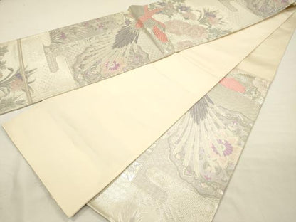 平和屋着物◎六通柄袋帯　唐織　孔雀花文　銀糸　正絹　逸品　DABI3736ya