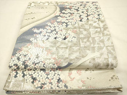 平和屋着物◎六通柄袋帯　唐織　流水桜花文　全面プラチナ箔　正絹　逸品　DABI3738ya