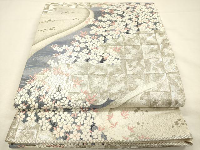 平和屋着物◎六通柄袋帯　唐織　流水桜花文　全面プラチナ箔　正絹　逸品　DABI3738ya