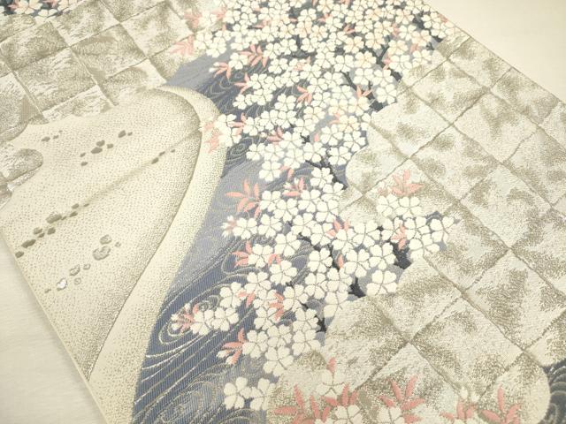 平和屋着物◎六通柄袋帯　唐織　流水桜花文　全面プラチナ箔　正絹　逸品　DABI3738ya