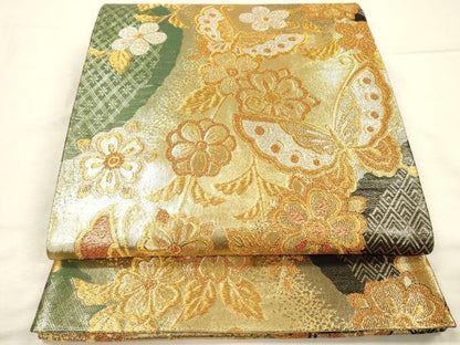 平和屋着物◎両面　六通柄袋帯　舞蝶花文　金糸　正絹　逸品　DABI3743ya