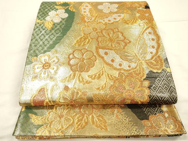 平和屋着物◎両面　六通柄袋帯　舞蝶花文　金糸　正絹　逸品　DABI3743ya