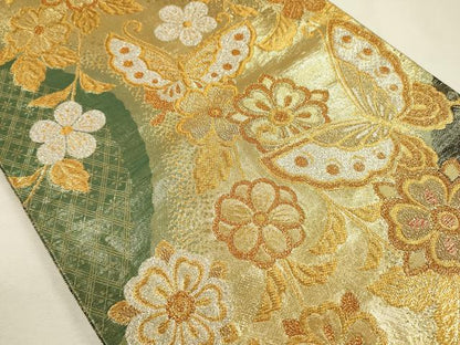 平和屋着物◎両面　六通柄袋帯　舞蝶花文　金糸　正絹　逸品　DABI3743ya