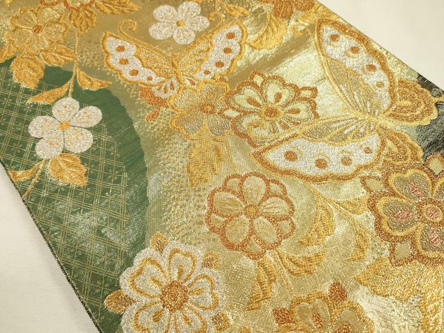 平和屋着物◎両面　六通柄袋帯　舞蝶花文　金糸　正絹　逸品　DABI3743ya