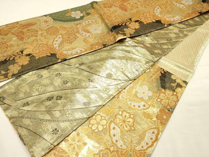 平和屋着物◎両面　六通柄袋帯　舞蝶花文　金糸　正絹　逸品　DABI3743ya