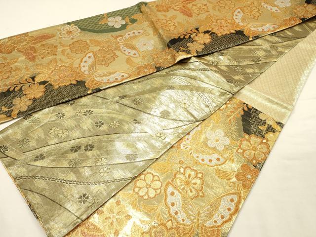 平和屋着物◎両面　六通柄袋帯　舞蝶花文　金糸　正絹　逸品　DABI3743ya