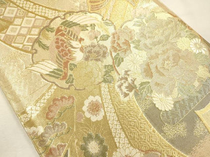 平和屋着物◎佐賀錦　六通柄袋帯　束ね熨斗雪輪花鳥文　金糸　正絹　逸品　DABI3745ya