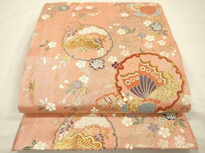 平和屋着物◎六通柄袋帯　雪輪花鳥文　金糸　正絹　逸品　DABI3749ya