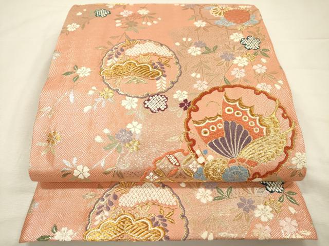 平和屋着物◎六通柄袋帯　雪輪花鳥文　金糸　正絹　逸品　DABI3749ya