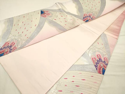 平和屋着物◎六通柄袋帯　唐織　孔雀羽文　銀糸　正絹　逸品　DABI3751ya